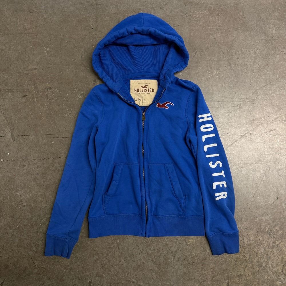 Hollister Mens Full Zip Hoodie Royal Blue Waffle Hood Logo Sleeve Small